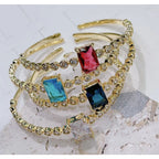 Emerald Cut Blue Cubic Zirconia 18K Gold Copper Bangle Cuff Women Bulk