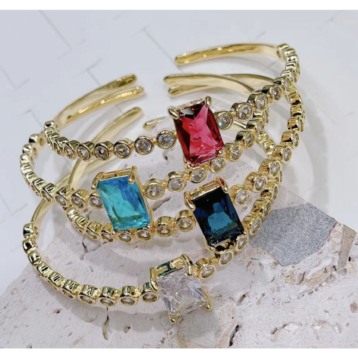 Emerald Cut Blue Cubic Zirconia 18K Gold Copper Bangle Cuff Women Bulk