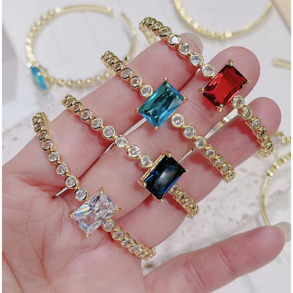 Emerald Cut Blue Cubic Zirconia 18K Gold Copper Bangle Cuff Women Bulk