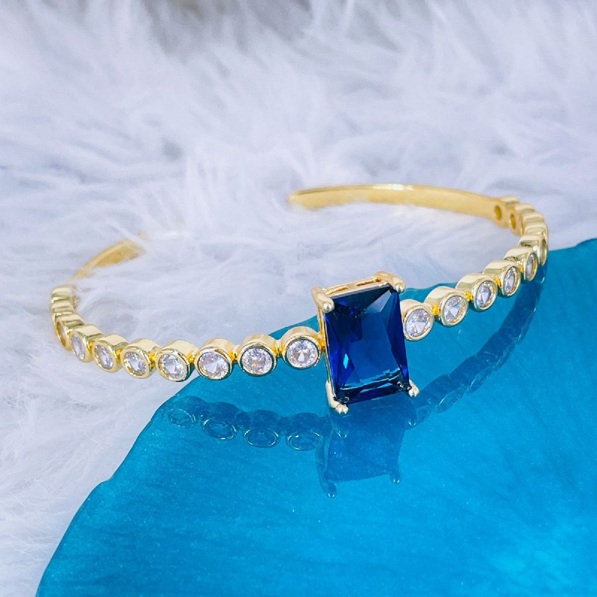 Emerald Cut Blue Cubic Zirconia 18K Gold Copper Bangle Cuff Women Bulk