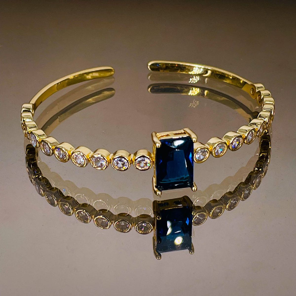 Emerald Cut Blue Cubic Zirconia 18K Gold Copper Bangle Cuff Women Bulk