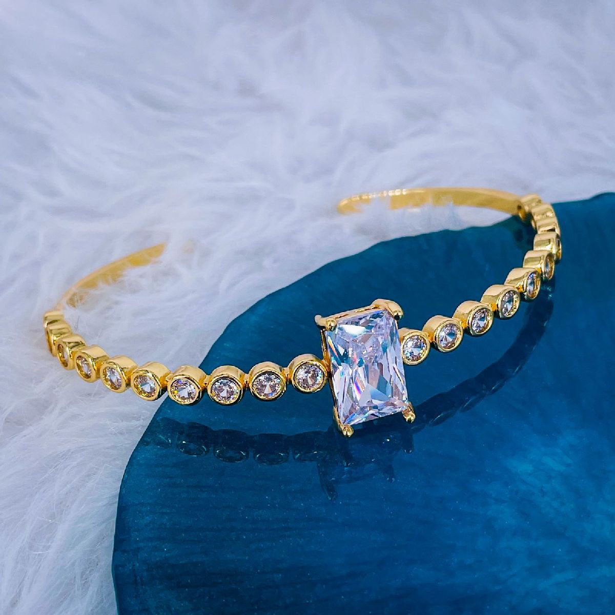 Emerald Cut Blue Cubic Zirconia 18K Gold Copper Bangle Cuff Women Bulk