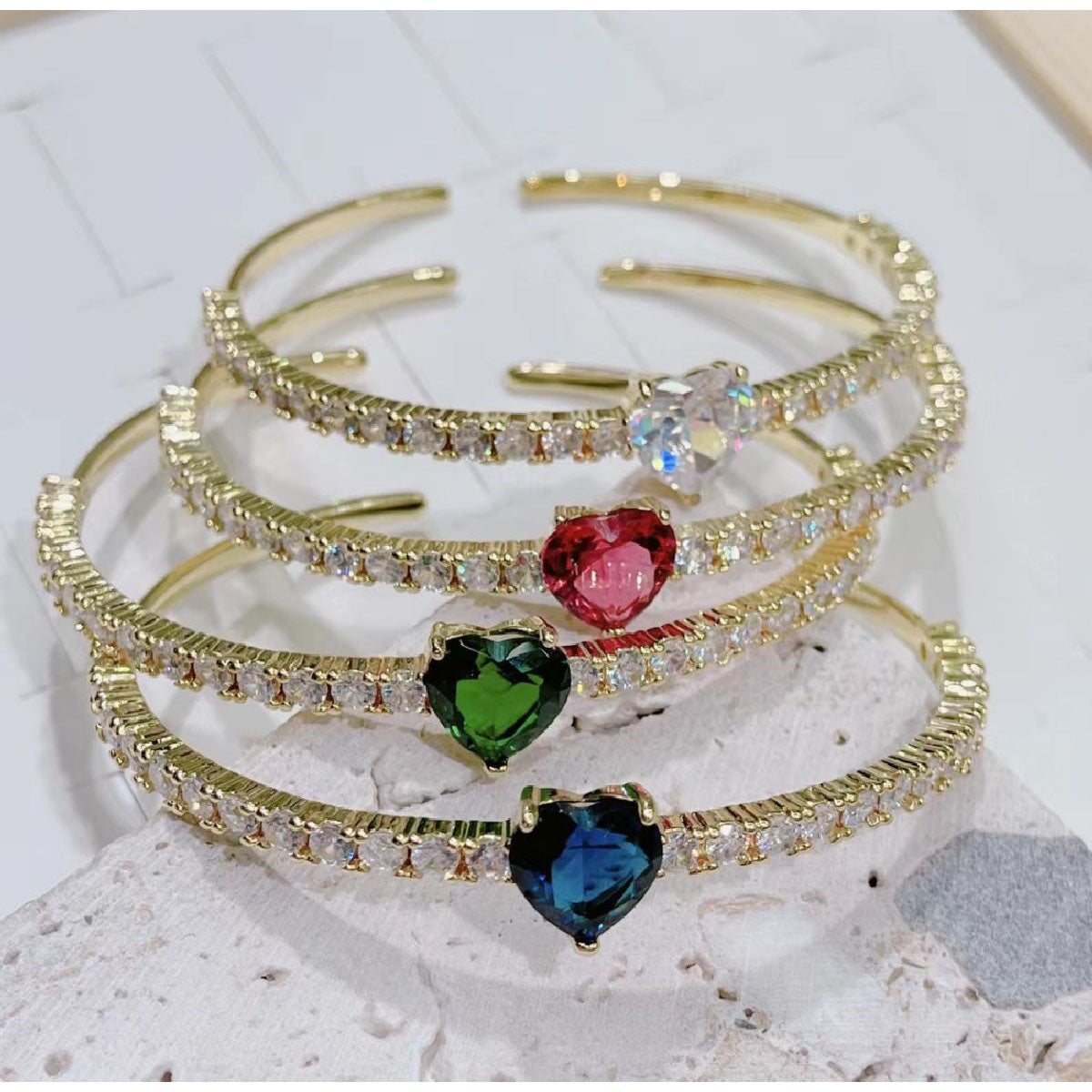 Heart Love Blue Cubic Zirconia 18K Gold Copper Bangle Cuff Women Bulk