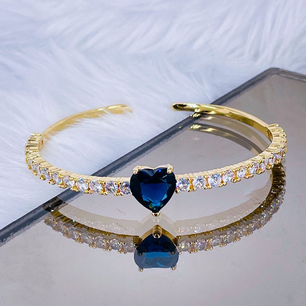 Heart Love Blue Cubic Zirconia 18K Gold Copper Bangle Cuff Women Bulk
