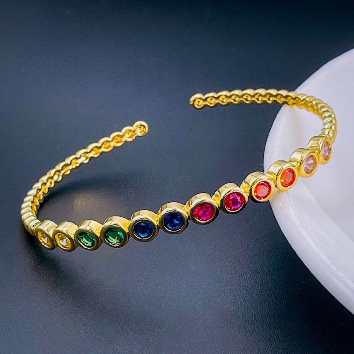 Rainbow Multi Colour CZ 18K Gold Copper Bangle Cuff Kada Bulk
