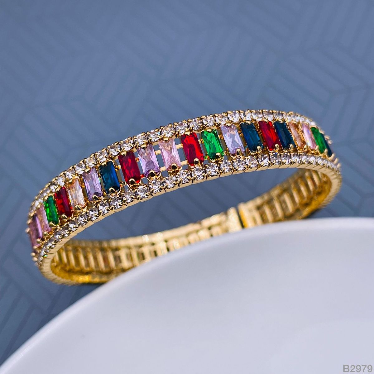 Multi Colour Copper Baguette CZ 18K Gold Cuff Kada Bangle Bulk