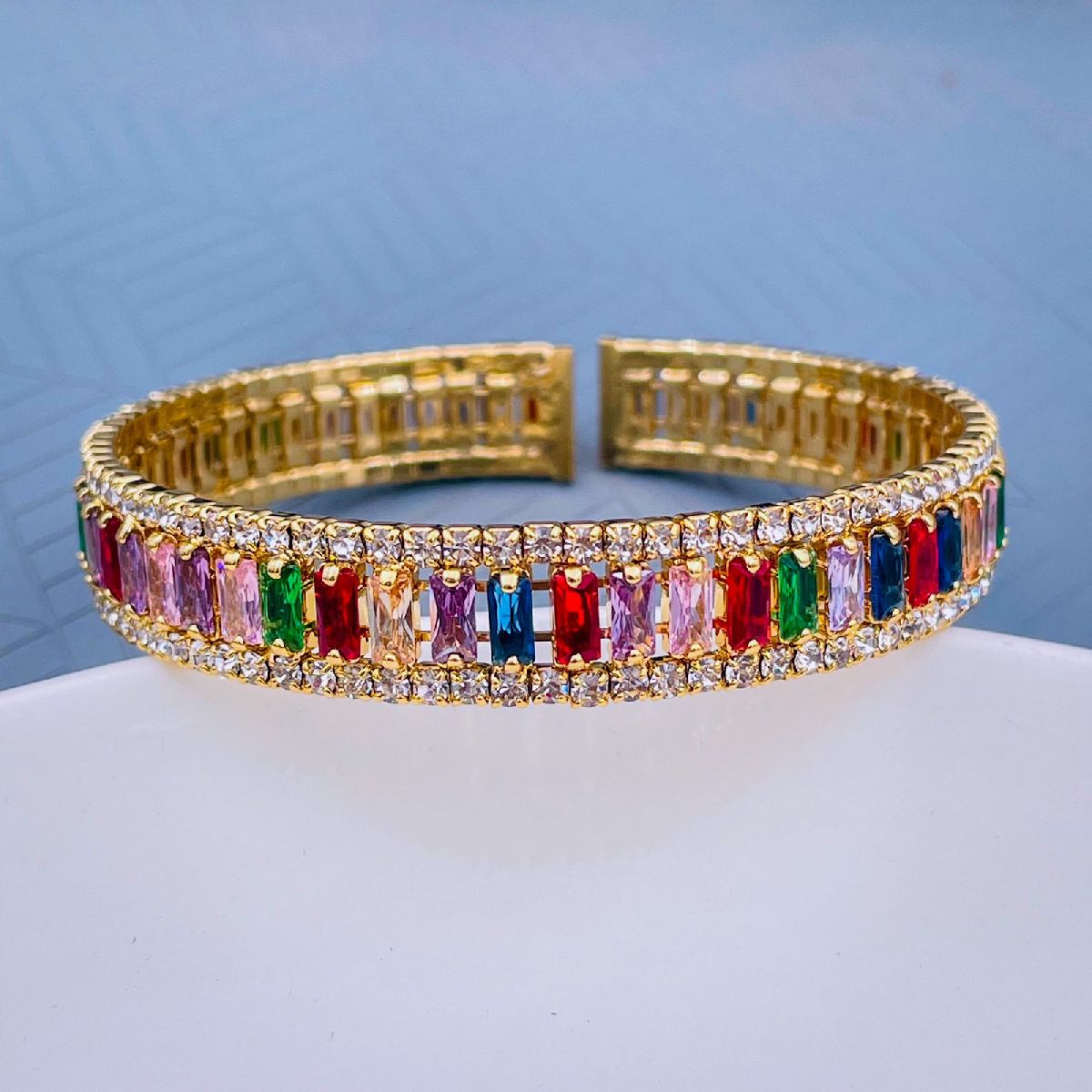 Multi Colour Copper Baguette CZ 18K Gold Cuff Kada Bangle Bulk