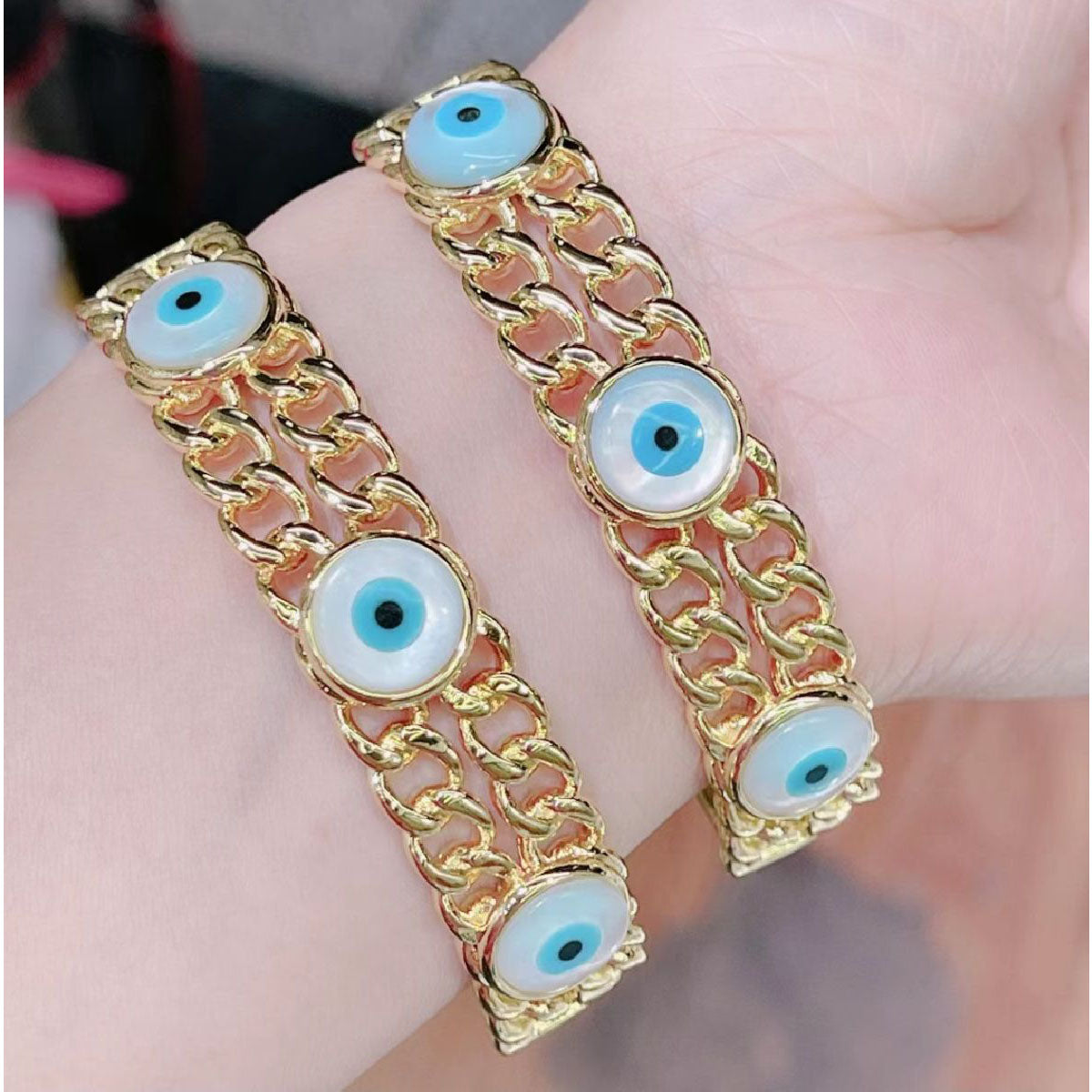 Evil Eye Dual Layer Curb Mother Of Pearl Gold Bangle Cuff Kada Bulk