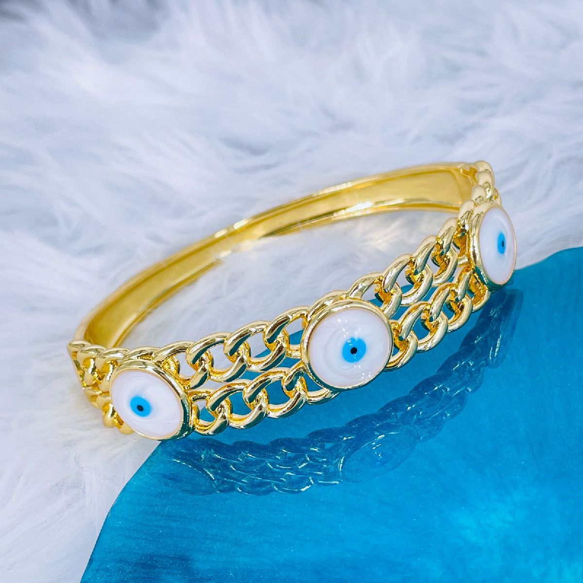 Evil Eye Dual Layer Curb Mother Of Pearl Gold Bangle Cuff Kada Bulk