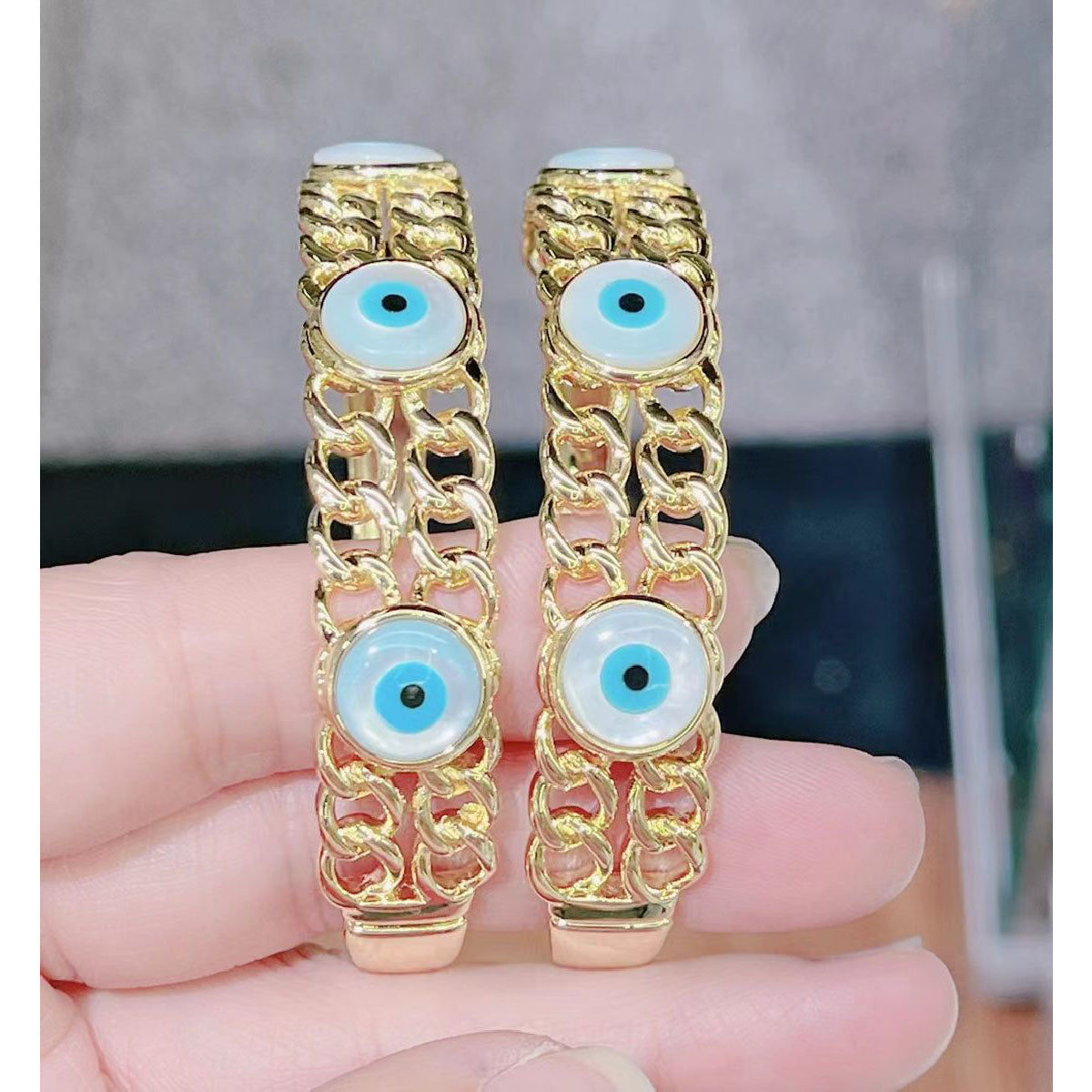 Evil Eye Dual Layer Curb Mother Of Pearl Gold Bangle Cuff Kada Bulk