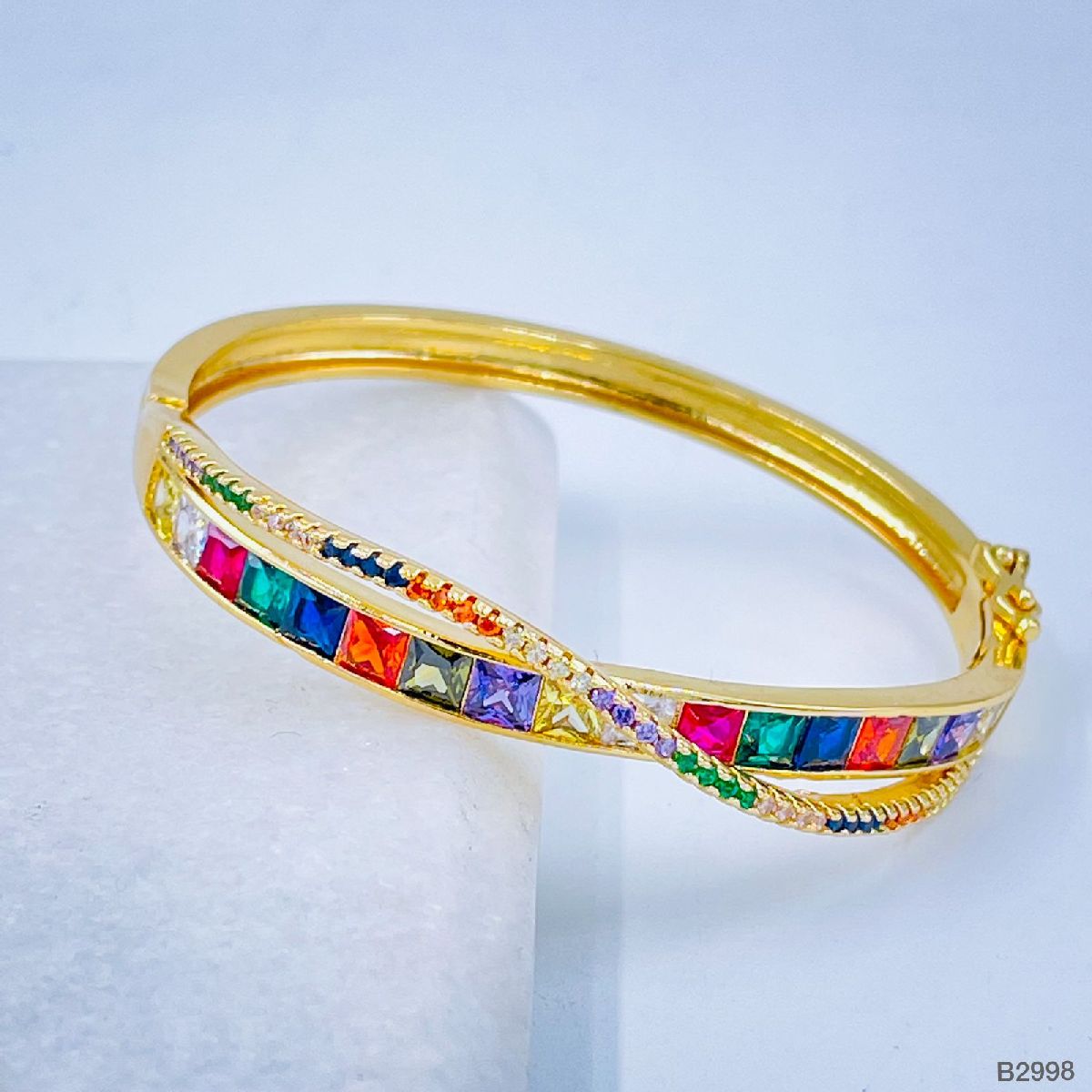 Rainbow Princess Cut CZ Crystal Copper Gold Bangle Kada Bulk