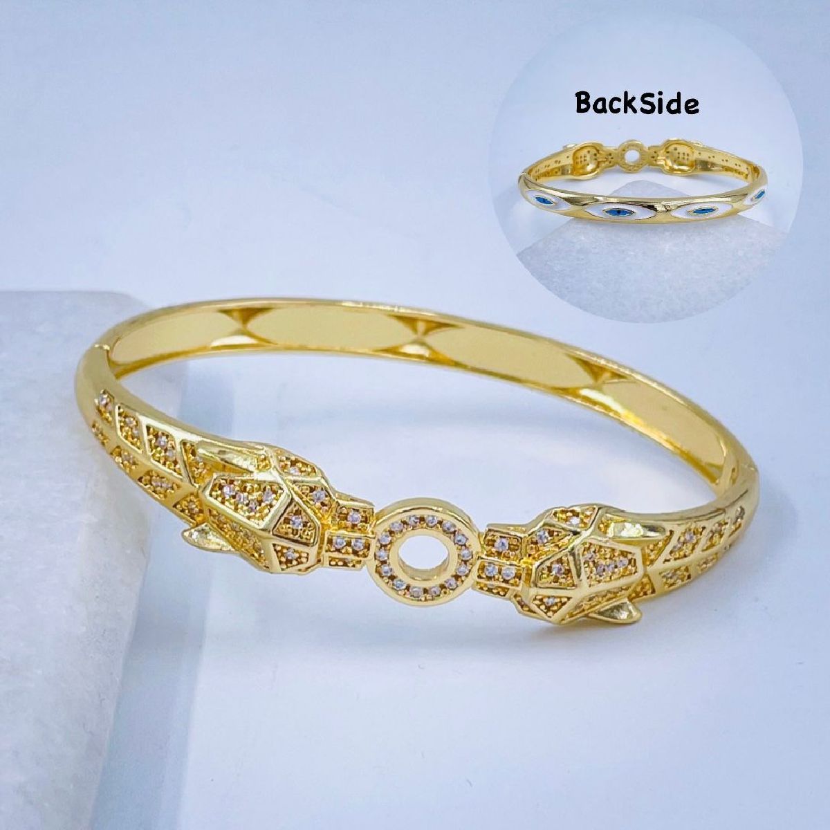 Dual Panther Evil Eye Cubic Zirconia Copper Gold Bangle Kada Bulk