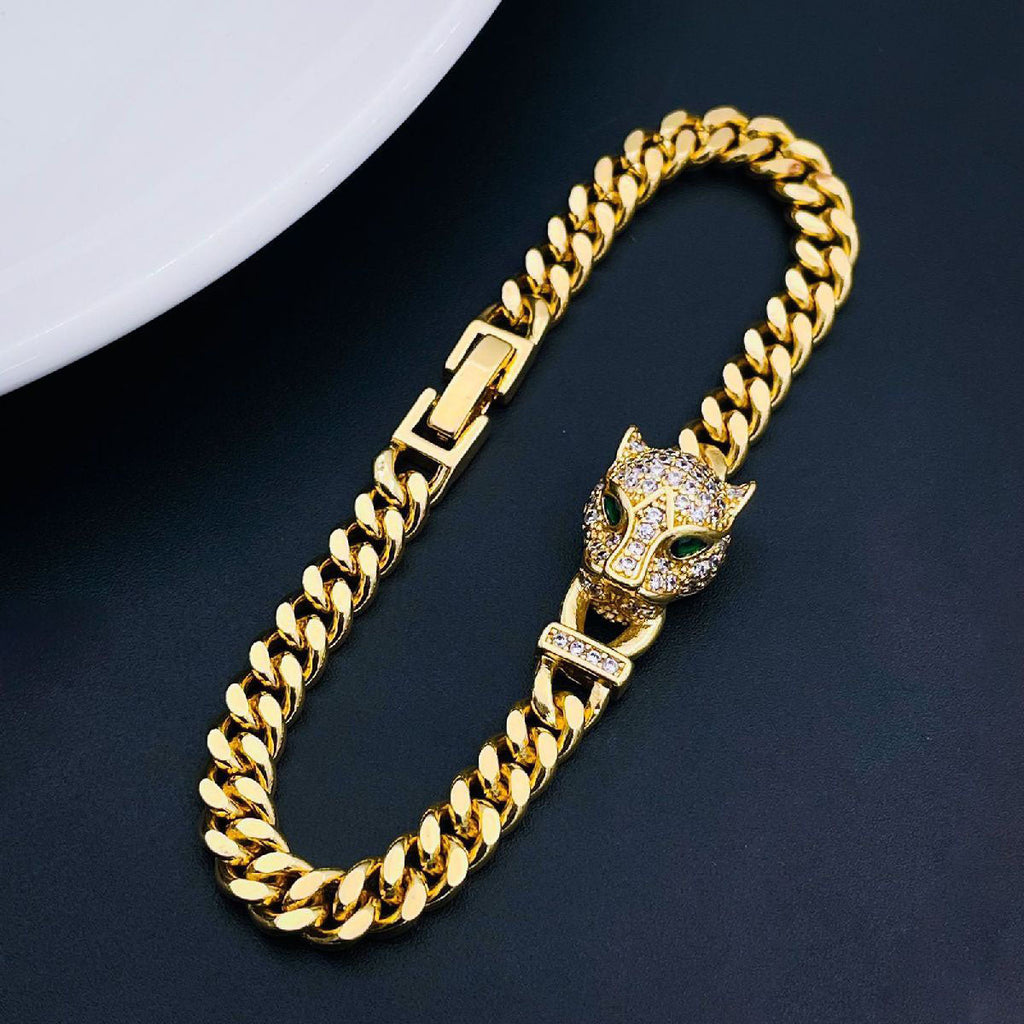 Copper Panther Cubic Zirconia Gold Curb Chain Bracelet For Women Bulk