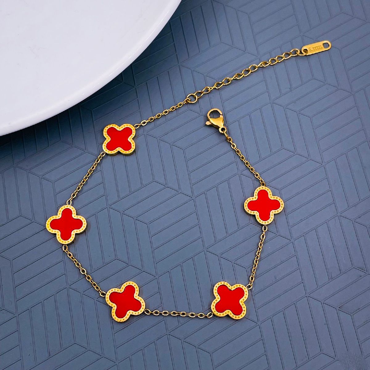 Clover Flower Red 18K Gold Stainless Steel Adjustable Bracelet Bulk