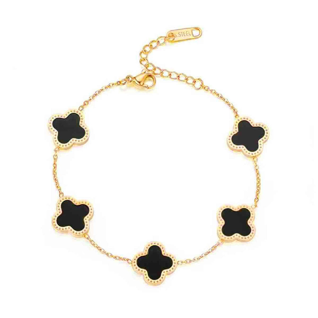 Clover Flower Black 18K Gold Stainless Steel Adjustable Bracelet Bulk