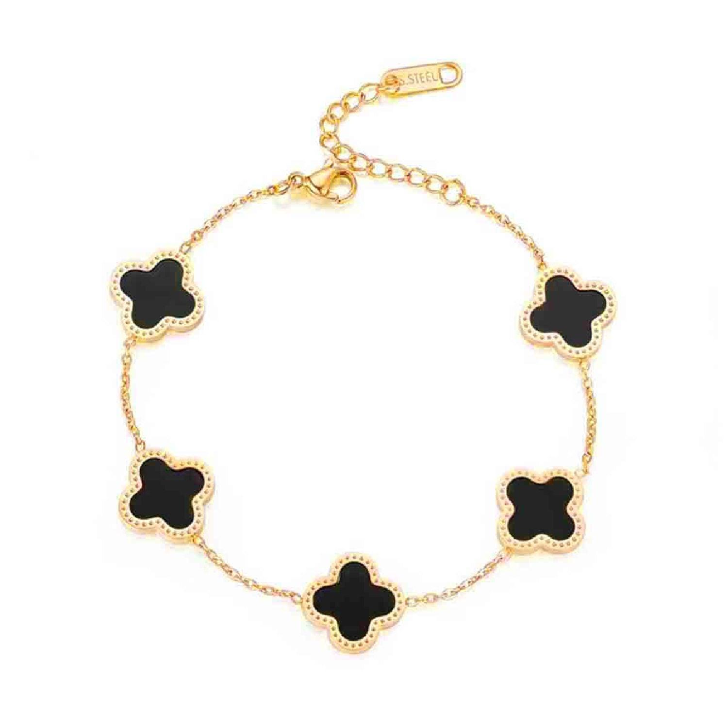 Clover Flower Black 18K Gold Stainless Steel Adjustable Bracelet Bulk