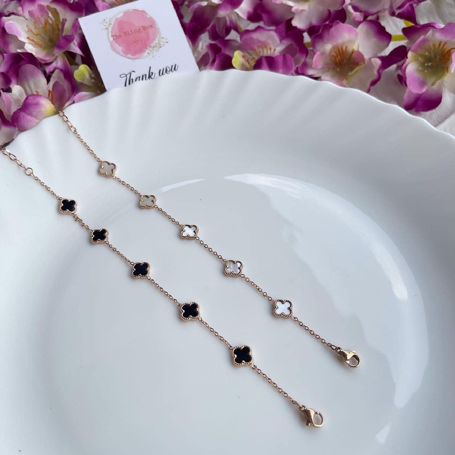 Clover Flower Black 18K Gold Stainless Steel Adjustable Bracelet Bulk
