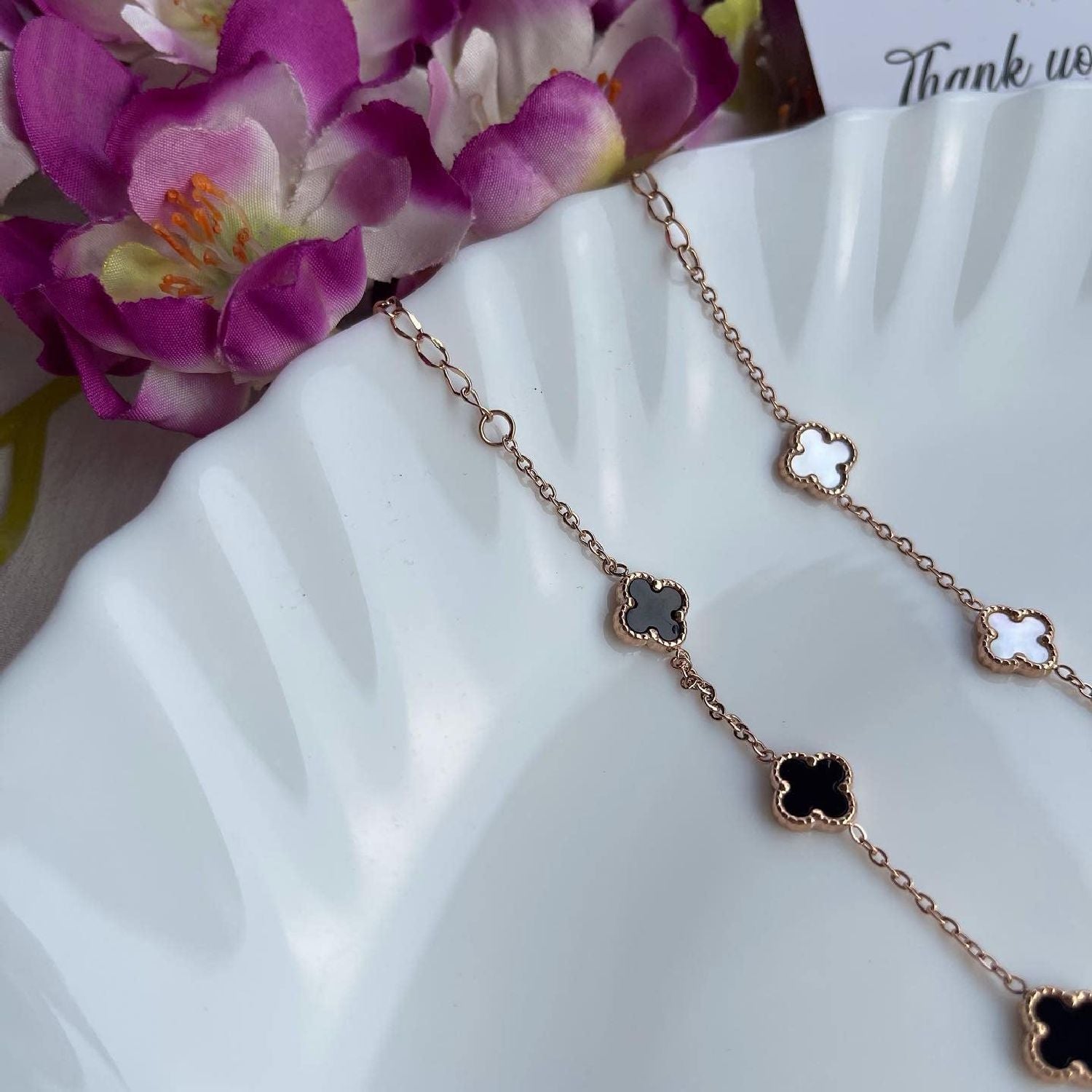 Clover Flower Black 18K Gold Stainless Steel Adjustable Bracelet Bulk