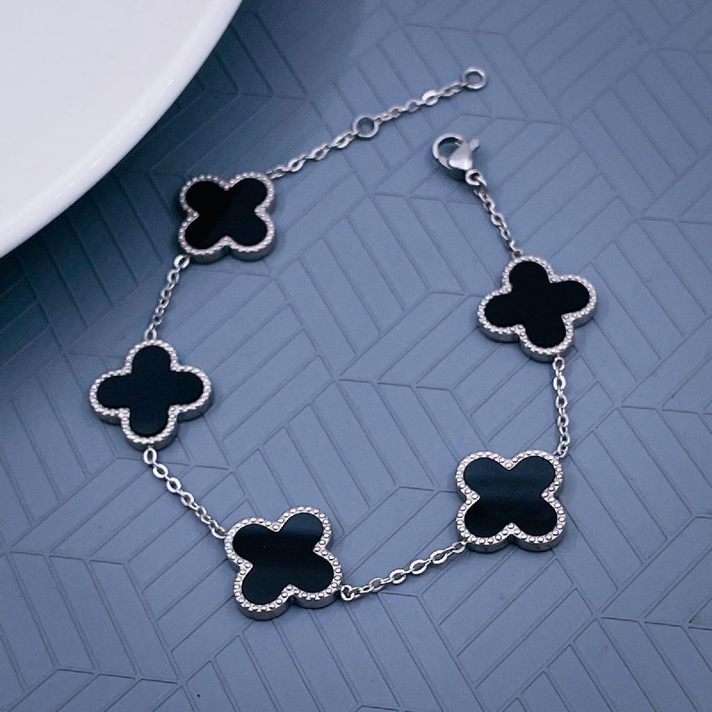 Clover Flower Black Silver Stainless Steel Adjustable Bracelet Bulk