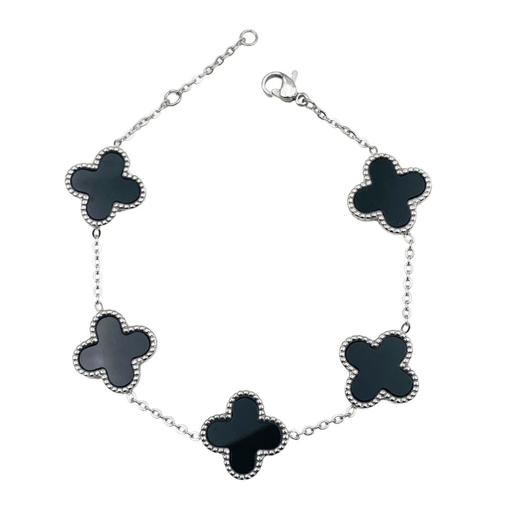 Clover Flower Black Silver Stainless Steel Adjustable Bracelet Bulk