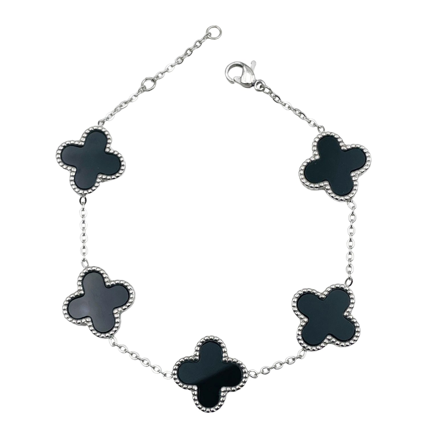 Clover Flower Black Silver Stainless Steel Adjustable Bracelet Bulk