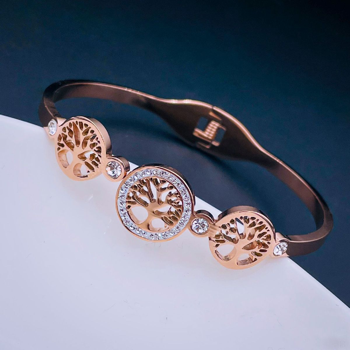 Tree Of Life 18K Rose Gold Stainless Steel Openable Kada Bracelet Bulk