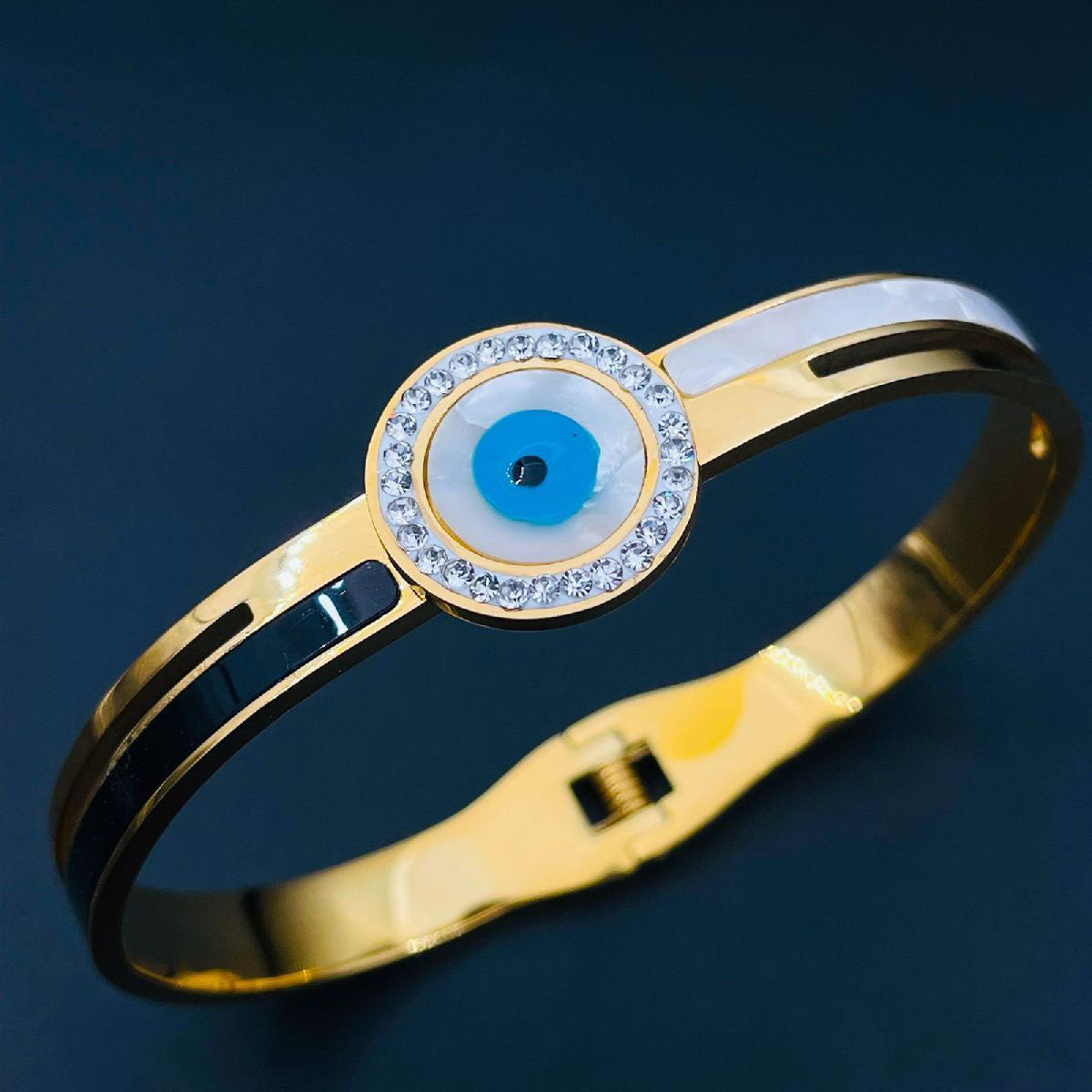 Stainless Steel Evil Eye Mother of Pearl 18K Gold Openable Kada Bangle Women Main image