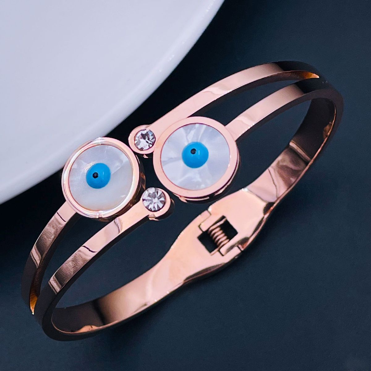 Twin Evil Eye Mother of Pearl 18K Rose Gold Stainless Steel Openable Kada for Women Main image