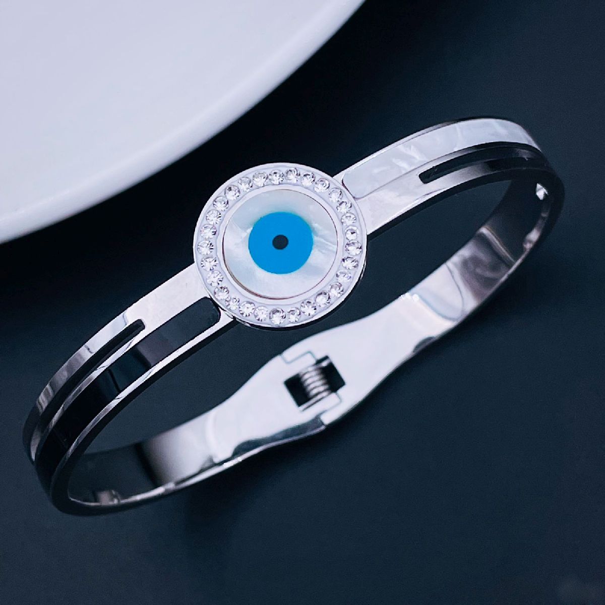 Evil Eye Mother Of Pearl Silver Stainless Steel Openable Kada Bulk