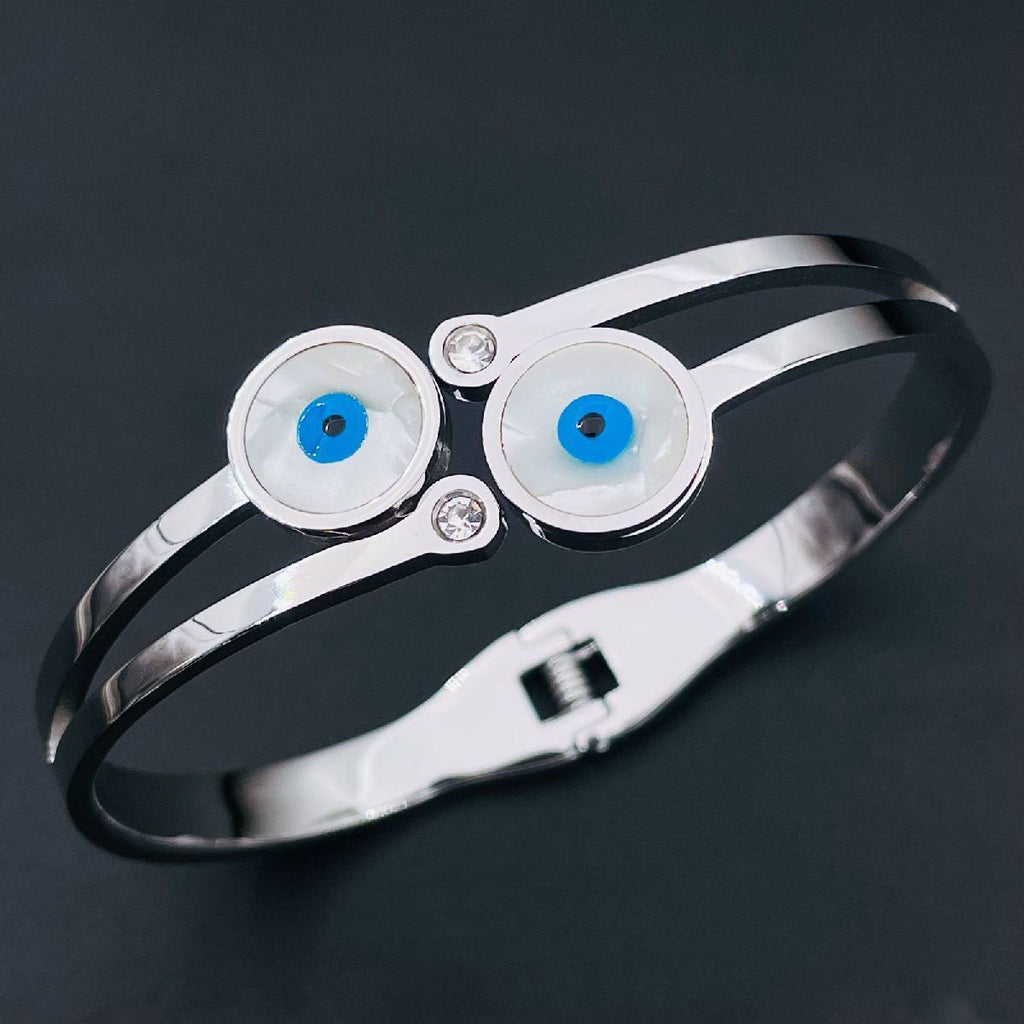 Stainless Steel Twin Evil Eye Mother of Pearl Silver Openable Kada Bangle Women
