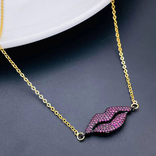 Lips Kiss Black Pink Gold Copper Pendant Chain Necklace for Women Main image