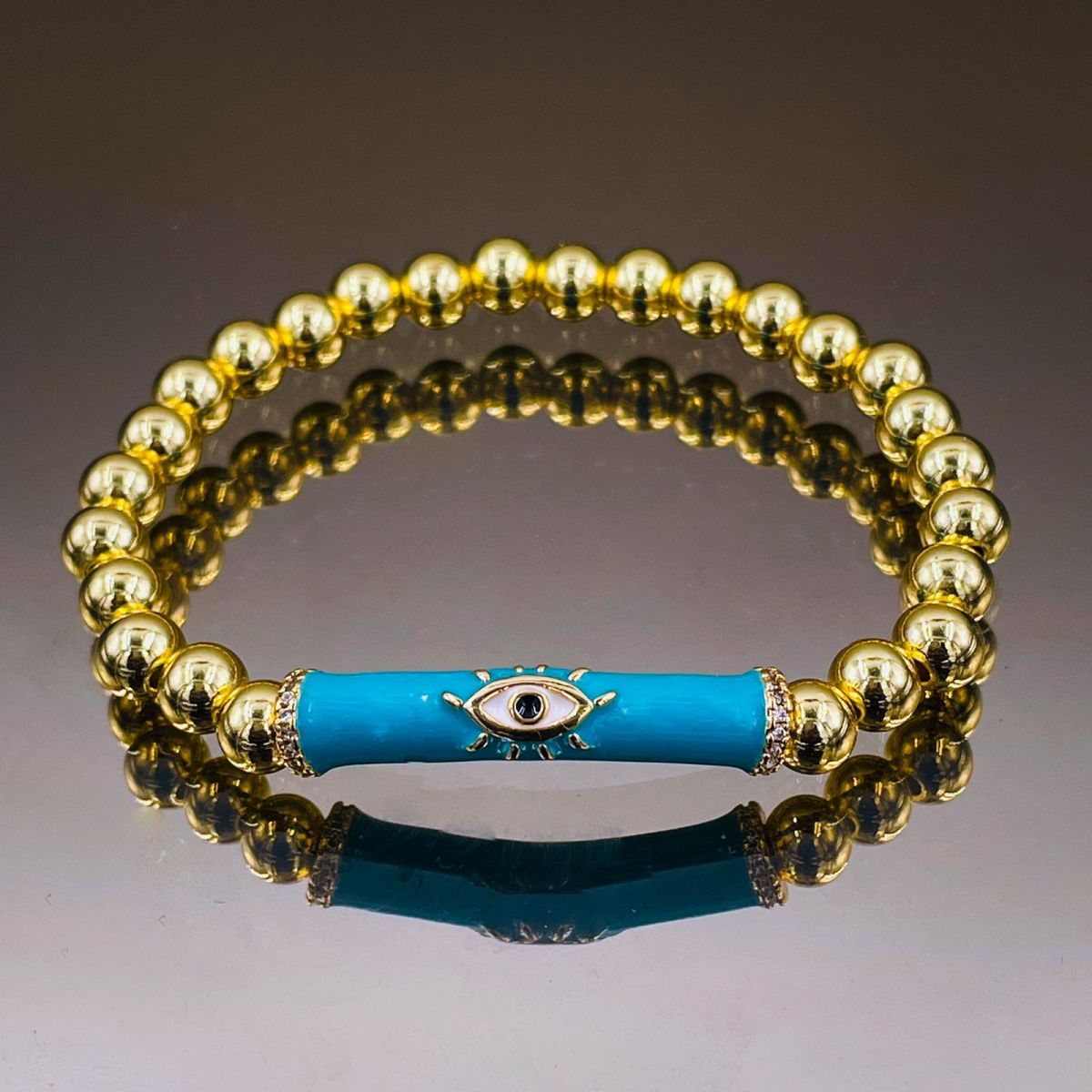 Aqua Green Blue Evil Eye Enamel Gold Beads Stretchable Bracelet Bulk