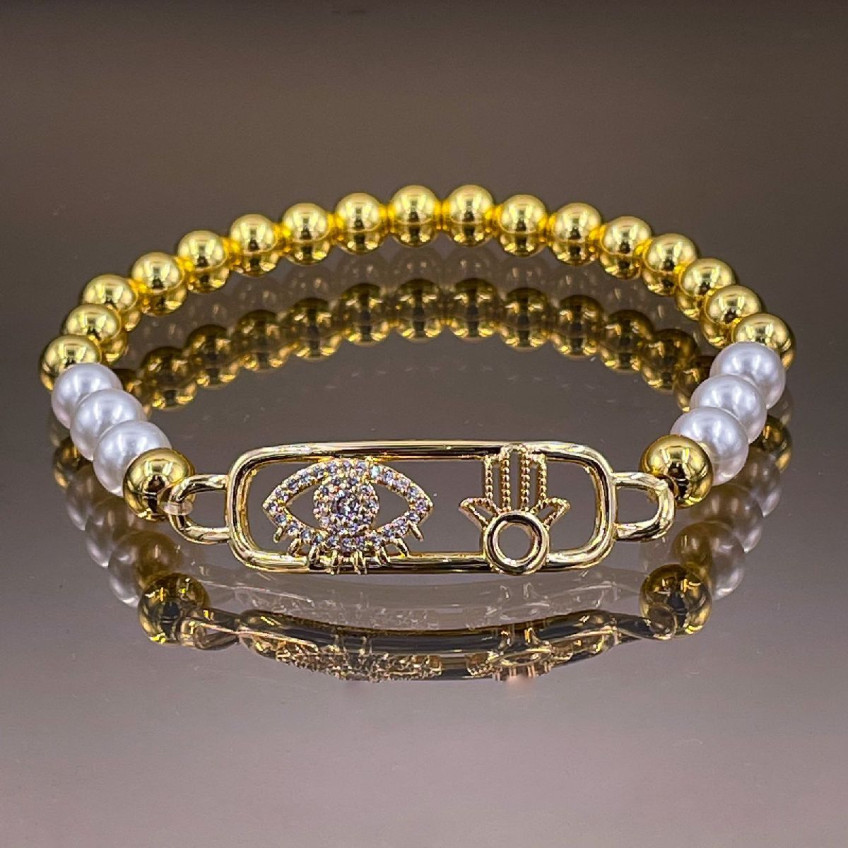 Evil Eye Hamsa 18K Gold Copper Pearl Stretchable Bracelet Women Bulk Main image