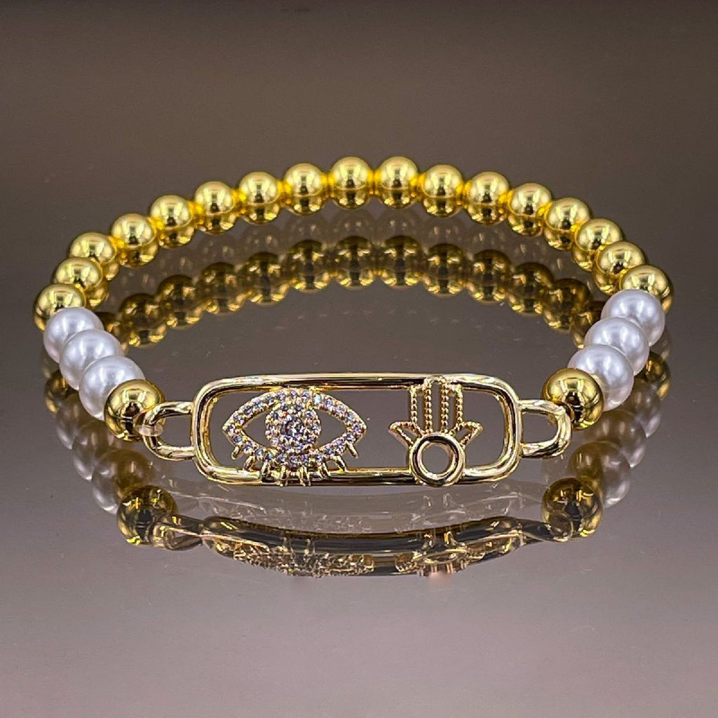 Evil Eye Hamsa 18K Gold Copper Pearl Stretchable Bracelet Women Bulk
