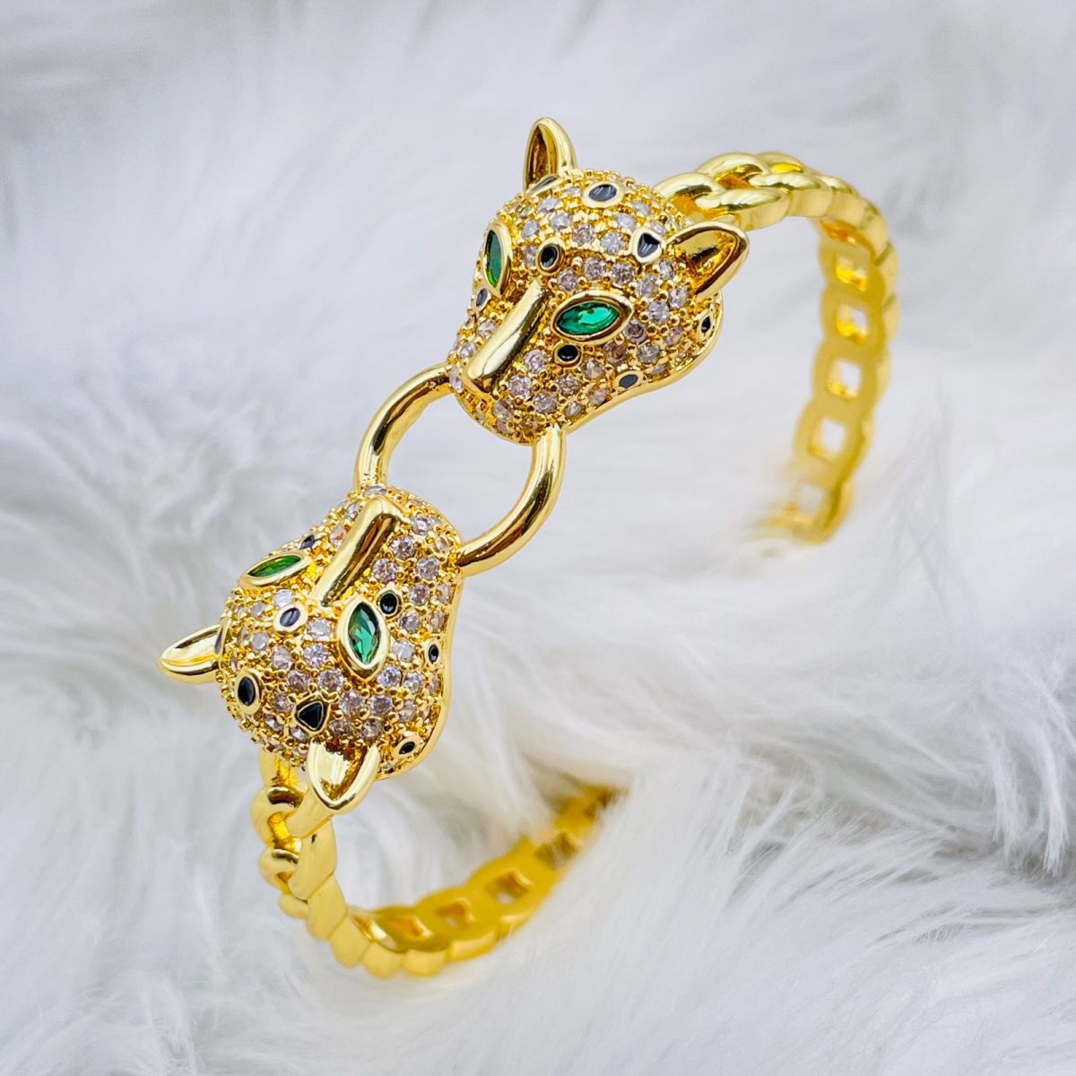 Dual Panther Curb Cubic Zirconia Copper 18K Gold Kada Bangle Bulk Main image