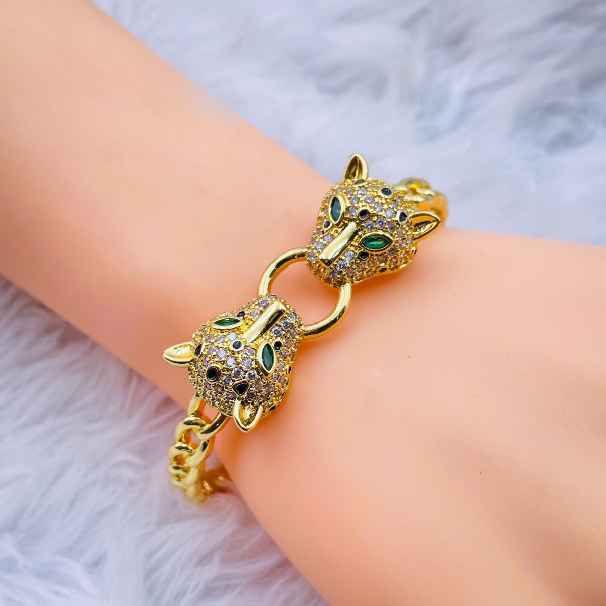 Dual Panther Curb Cubic Zirconia Copper 18K Gold Kada Bangle Bulk