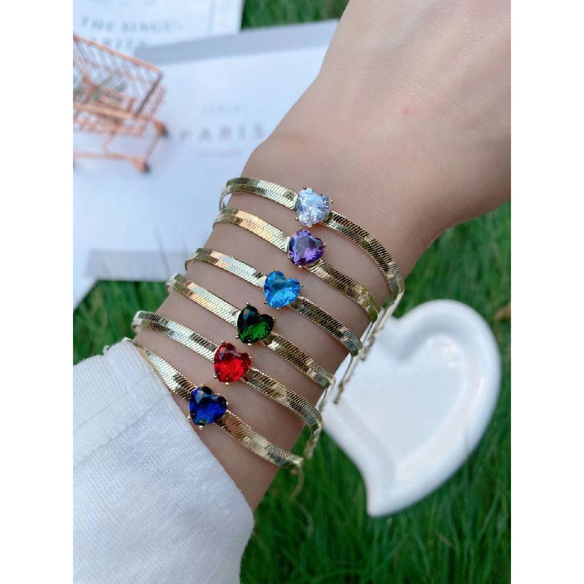 Purple Heart Love Cubic Zirconia 18K Gold Anti Tarnish Stainless Steel Snake Chain Bracelet for Women Main image