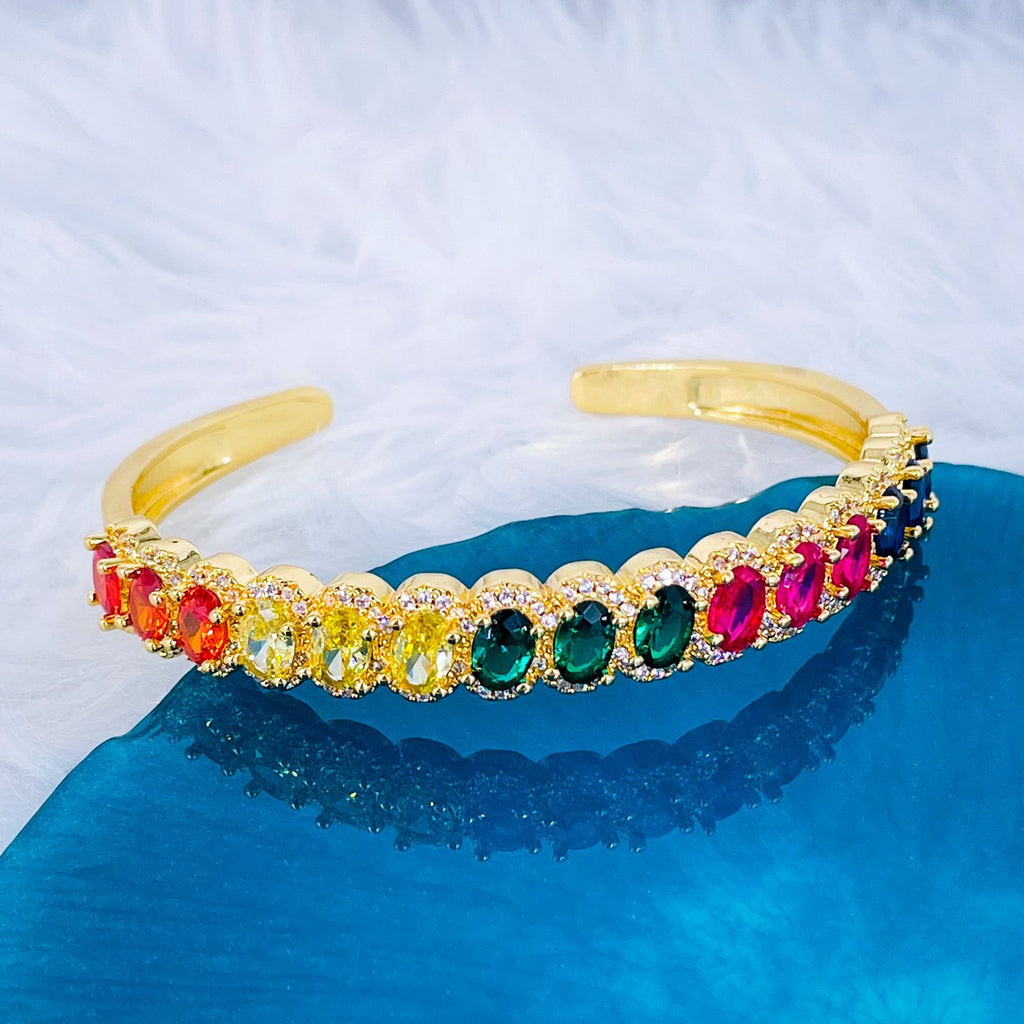 Rainbow Multi Color Oval CZ 18K Gold Cuff Kada Bracelet Bulk