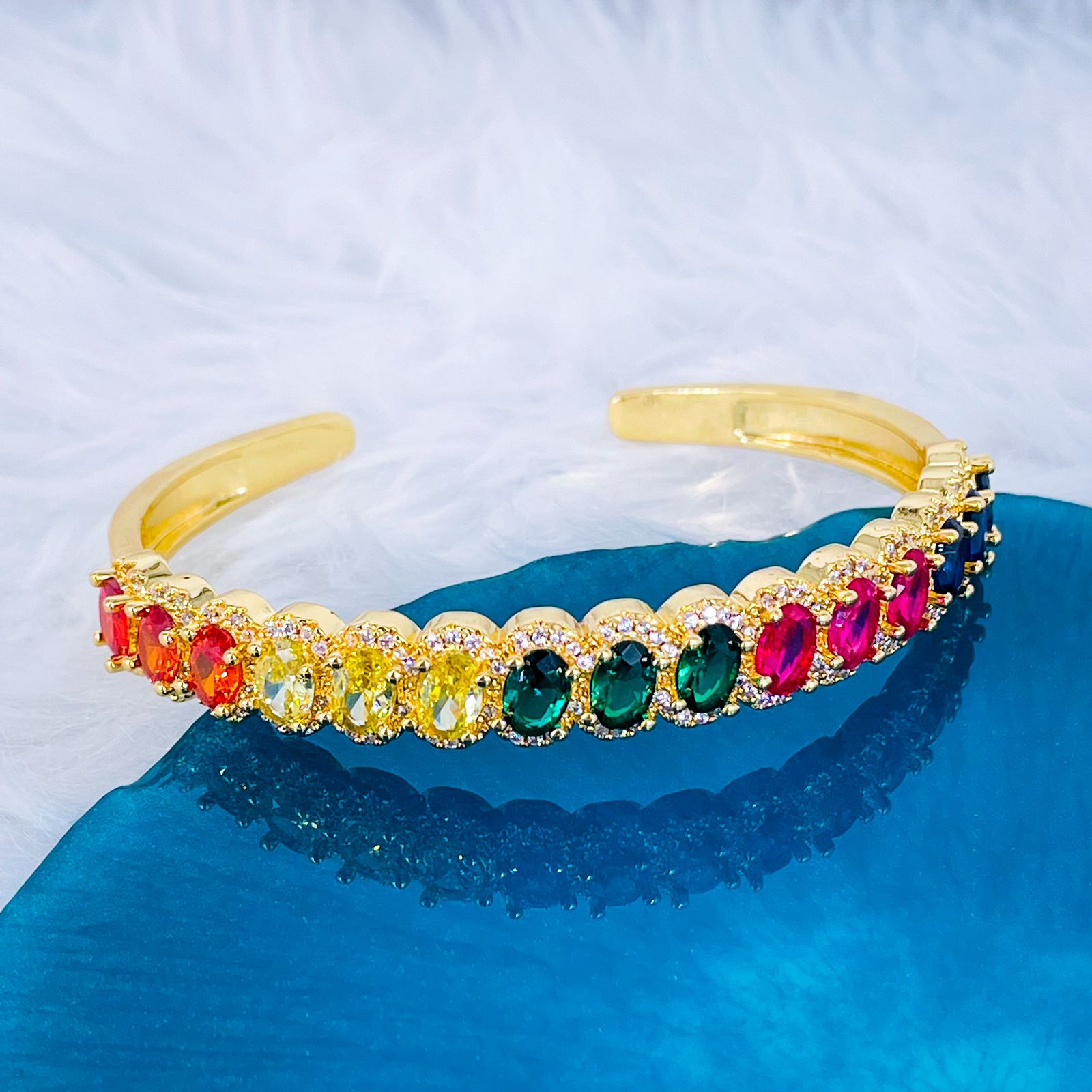 Rainbow Multi Color Oval CZ 18K Gold Cuff Kada Bracelet Bulk