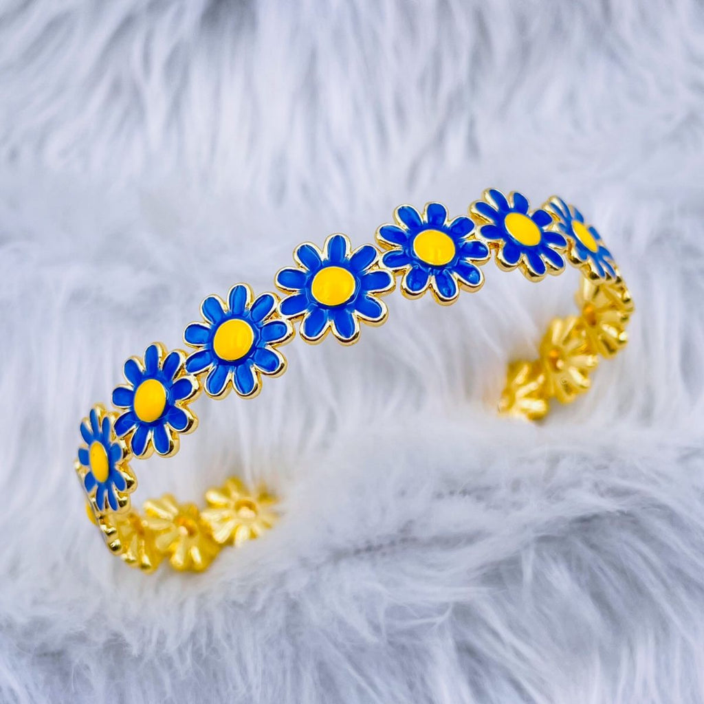 Multi Color Daisy Flower Enamel 18K Gold Copper Bangle Cuff Women Bulk