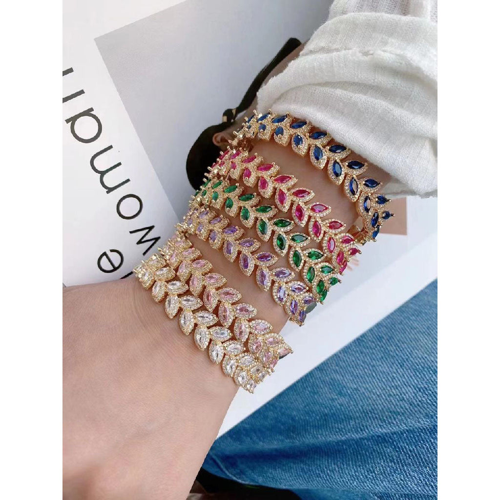 Floral Leaf Ruby Red CZ 18K Gold Anti Tarnish Copper Cuff Kada Bulk