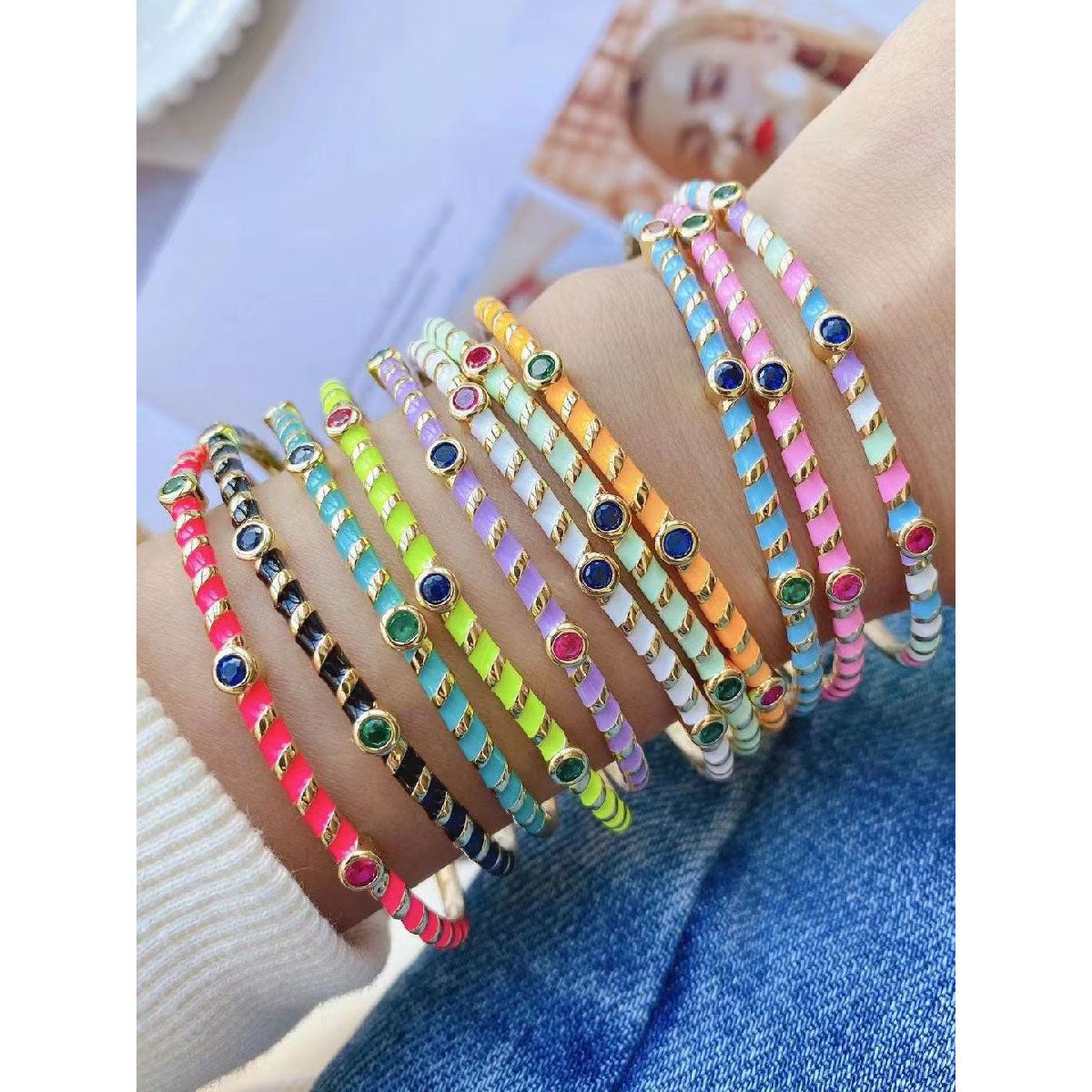 Hot Neon Pink Enamel Slim Studded Free Size Cuff Kada Bangle Bulk