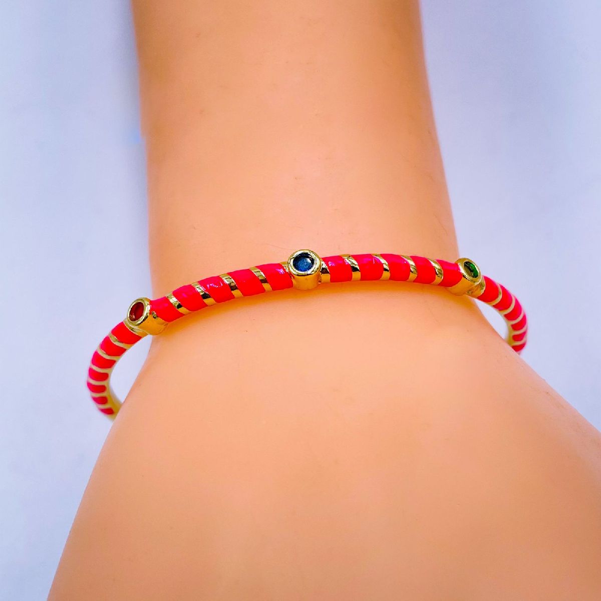 Hot Neon Pink Enamel Slim Studded Free Size Cuff Kada Bangle Bulk