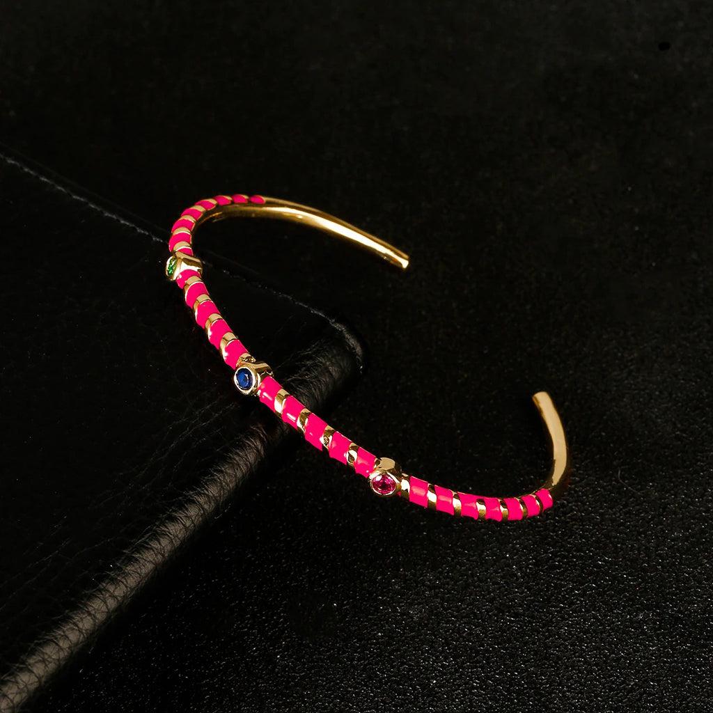 Hot Neon Pink Enamel Slim Studded Free Size Cuff Kada Bangle Bulk