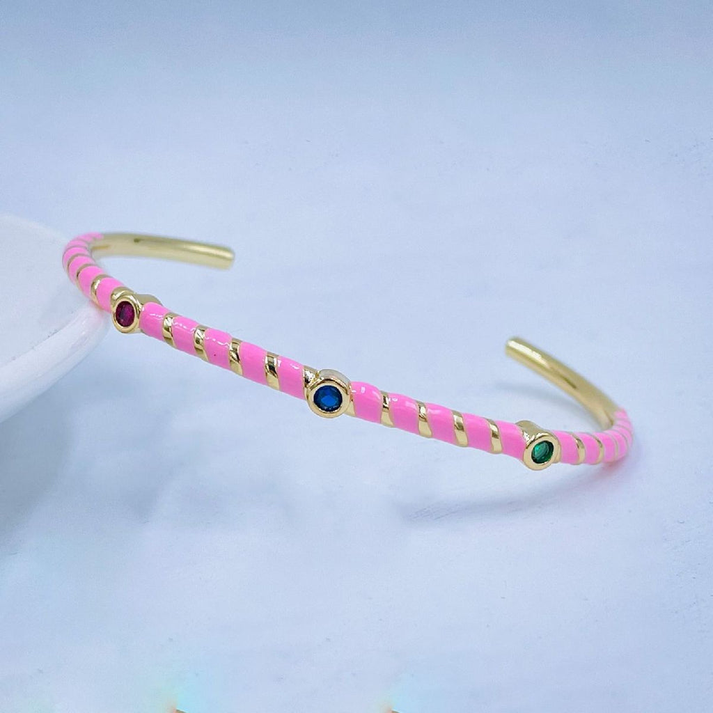 Hot Neon Pink Enamel Slim Studded Free Size Cuff Kada Bangle Bulk