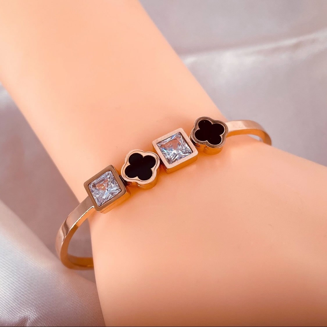 Black Clover Cubic Zirconia 18K Rose Gold Stainless Steel Kada Bulk Secondary image