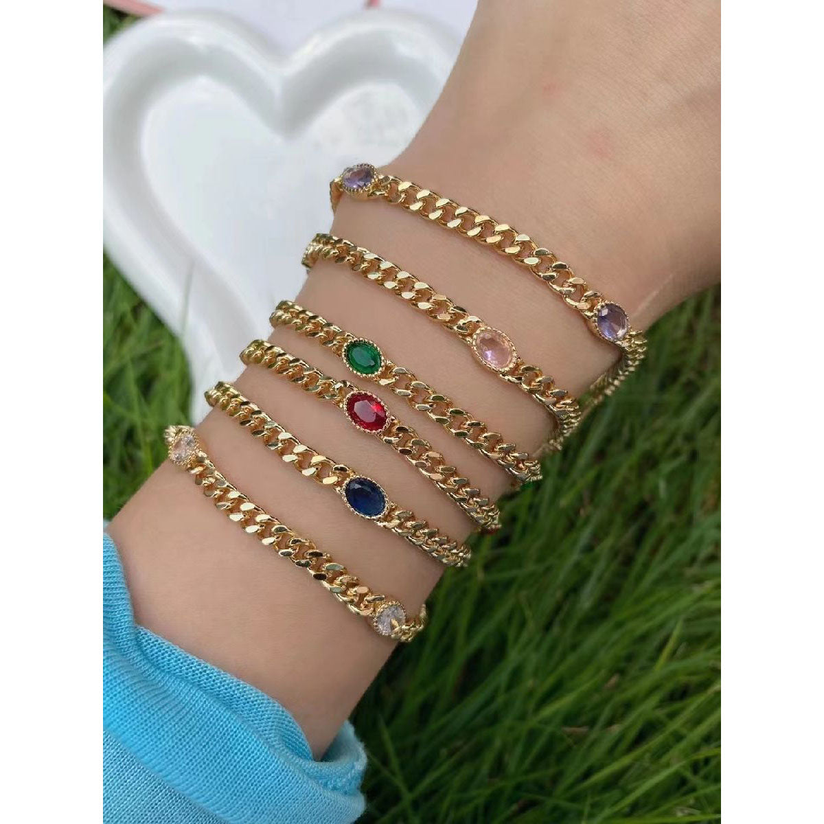 White Cubic Zirconia 18K Gold Curb Chain Bracelet For Women Bulk