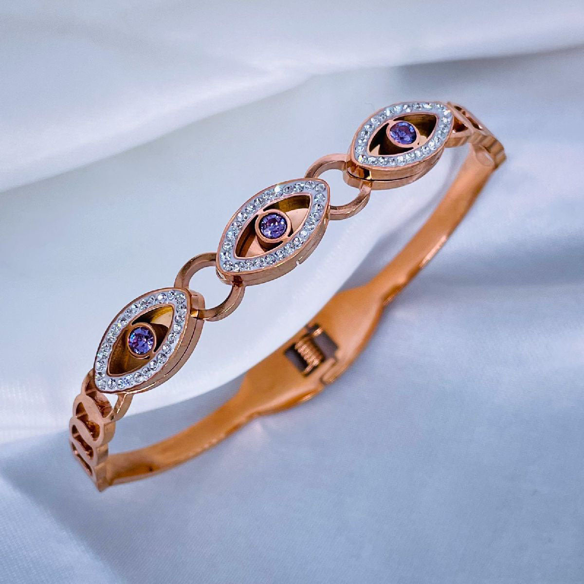 Evil Eye Rose Gold CZ Stainless Steel Openable Bangle Kada Bulk Main image