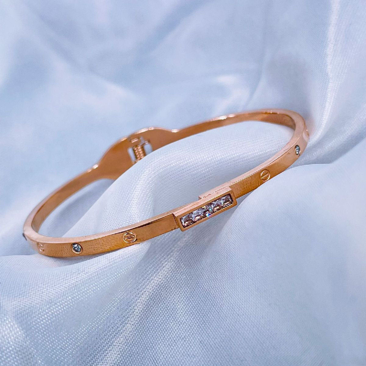 Screw Rose Gold CZ Stainless Steel Openable Bangle Kada Bulk