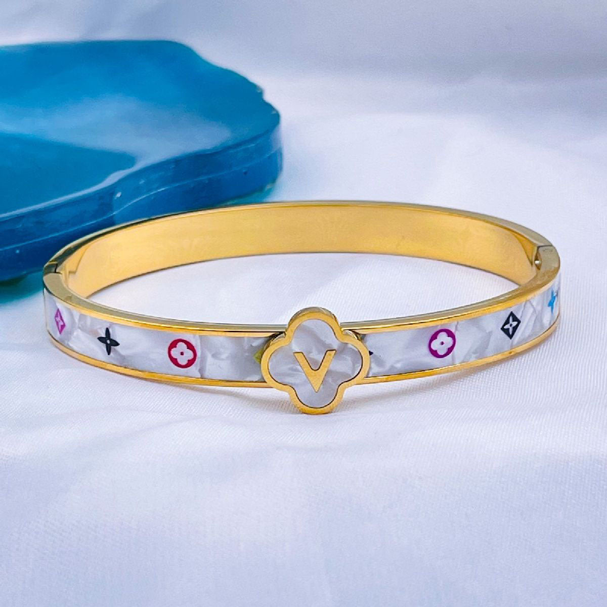 Gold White Clover Triple 18K Gold Stainless Steel Bangle Kada Bulk